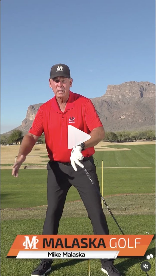 Vertical social video post: Mike Malaska on the range with the orange Malaska Golf name bar anchored to the bottom edge.